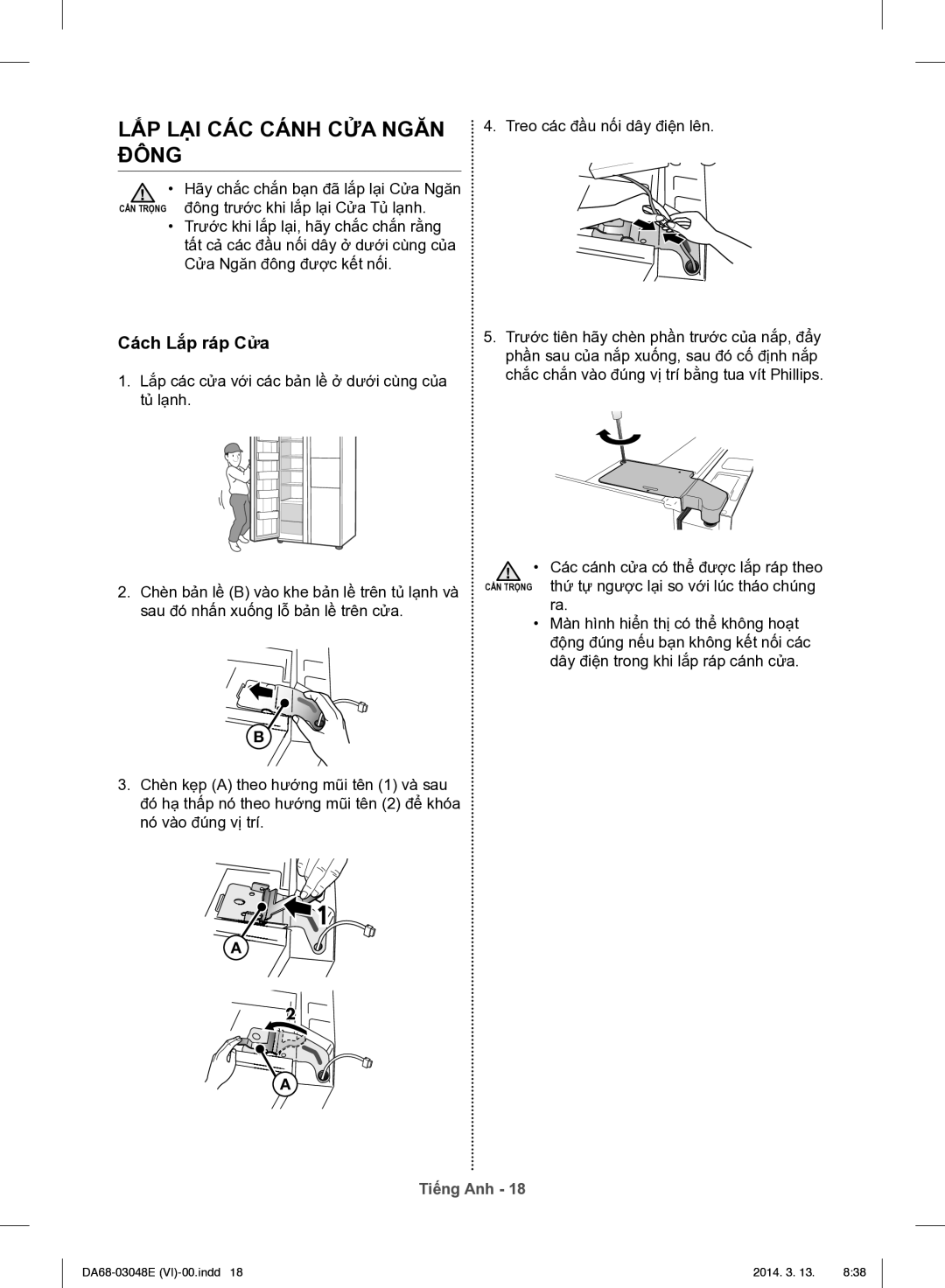 Samsung RS803GHMC7T/SV manual LẮP LẠI CÁC Cánh CỬA Ngăn Đông, Cách Lắp ráp Cửa 