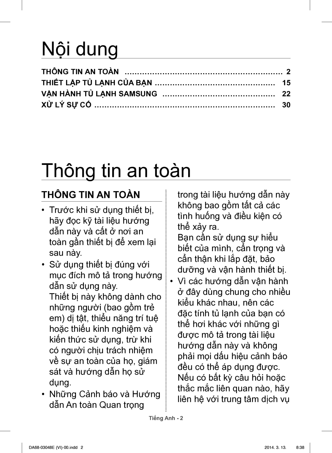 Samsung RS803GHMC7T/SV manual Nội dung, Thông tin an toàn, Thông TIN AN Toàn 