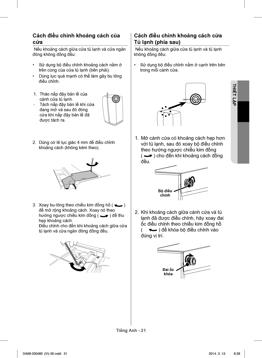 Samsung RS803GHMC7T/SV manual Cách điều chỉnh khoảng cách của cửa, Cách điều chỉnh khoảng cách cửa Tủ lạnh phía sau 