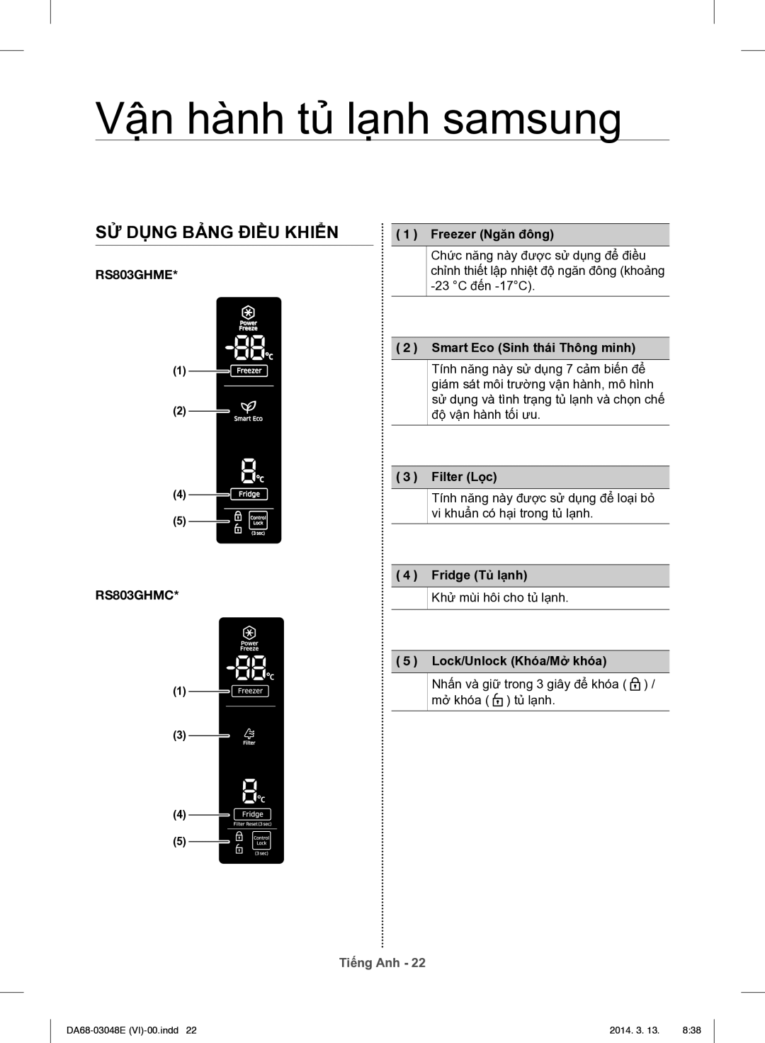 Samsung RS803GHMC7T/SV manual Vận hành tủ lạnh samsung, SỬ Dụng Bảng Điều Khiển 