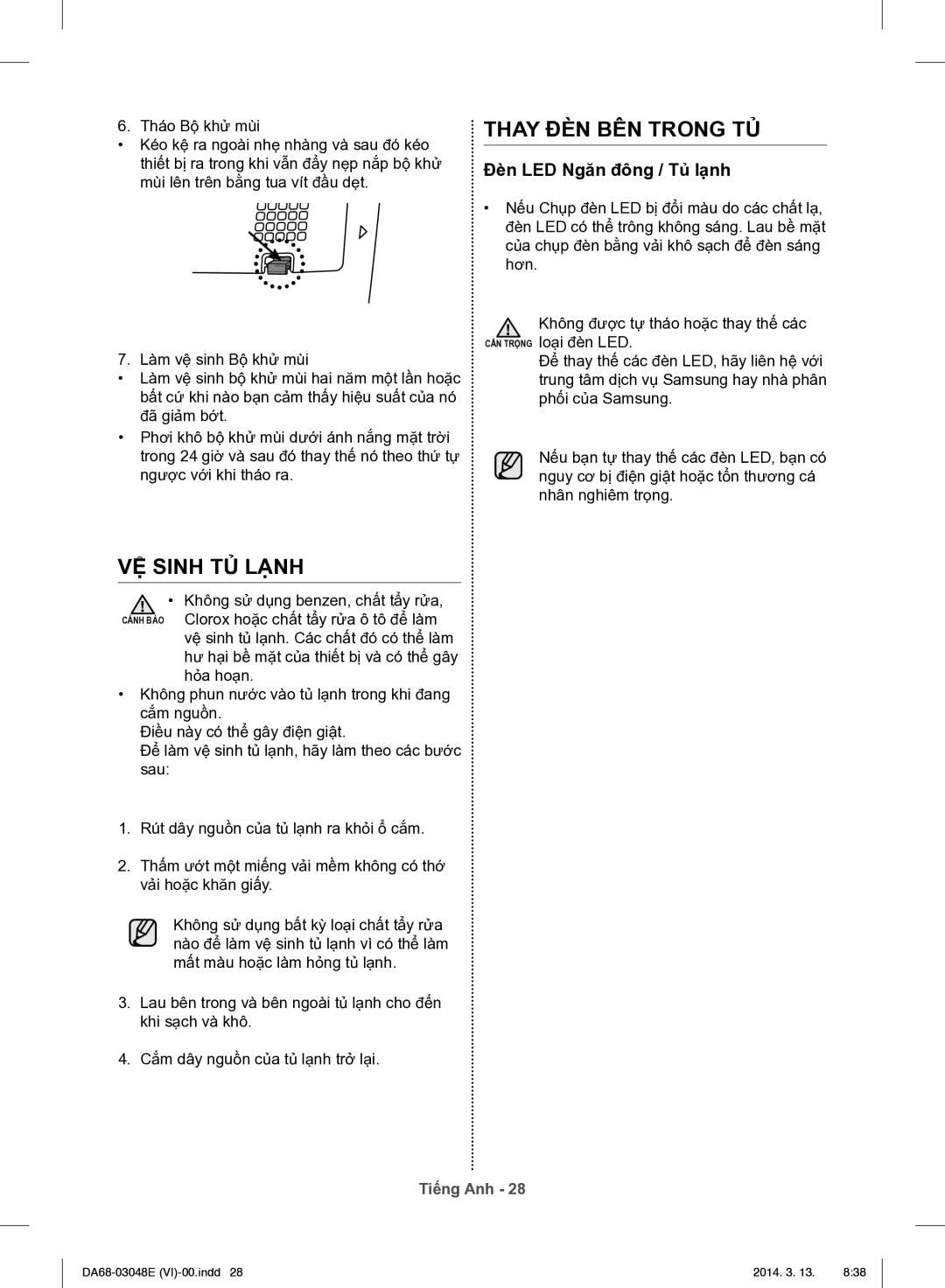 Samsung RS803GHMC7T/SV manual Thay ĐÈN BÊN Trong TỦ, VỆ Sinh TỦ Lạnh, Đèn LED Ngăn đông / Tủ lạnh 