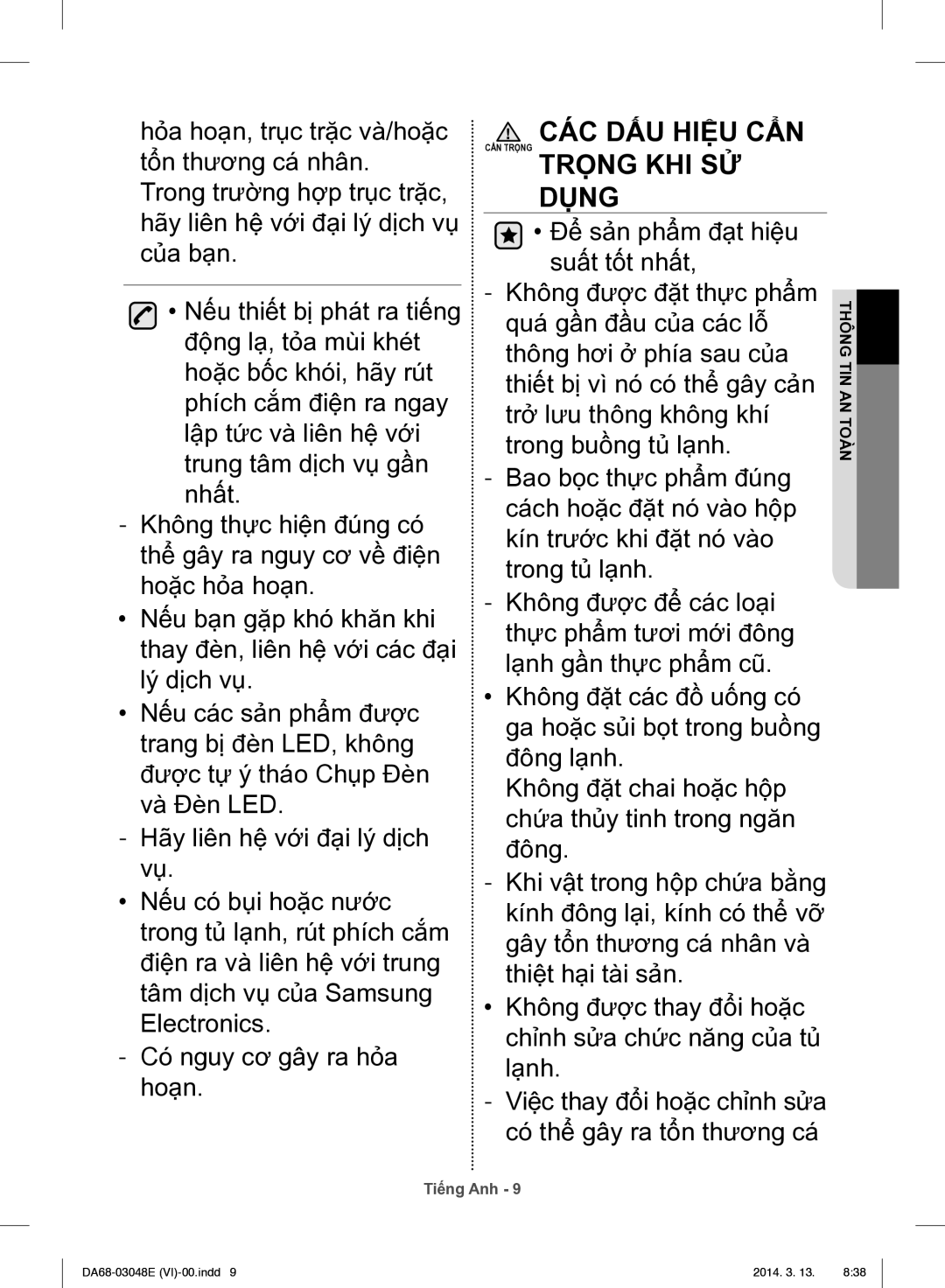 Samsung RS803GHMC7T/SV manual CÁC DẤU Hiệu CẨN CẨN Trọng Trọng KHI SỬ Dụng 