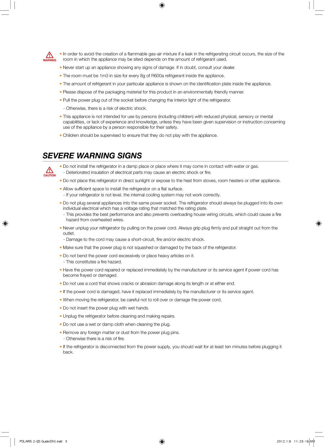 Samsung RS844CRPC2B/RS, RS844CRPC5A/SG, RS844CRPC5A/ZA, RS844CRPC5H/RS manual Severe Warning Signs 