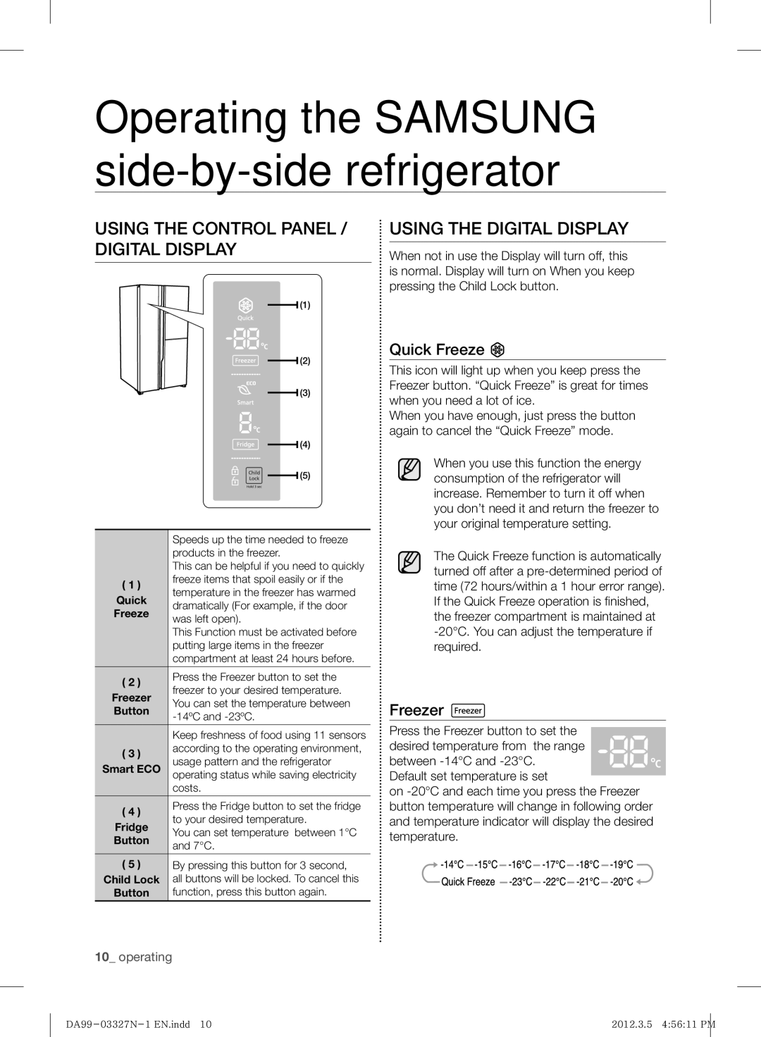 Samsung RS844CRPC5A/SG manual Using the Control Panel / Digital Display, Using the Digital Display, Quick Freeze, Freezer 