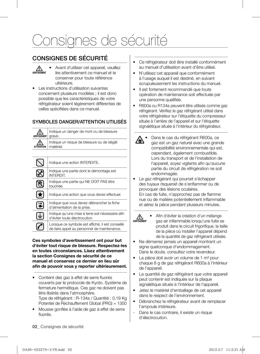 Samsung RS844CRPC5A/SG, RS844CRPC5A/ZA manual Consignes de sécurité, Consignes DE Sécurité 