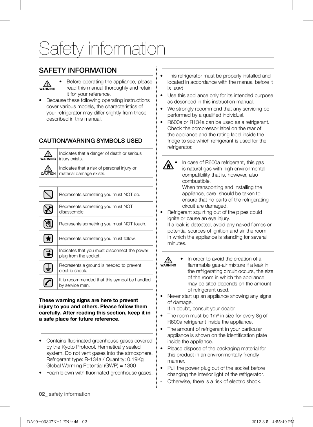 Samsung RS844CRPC5A/SG, RS844CRPC5A/ZA manual Safety information, Safety Information, Before operating the appliance, please 