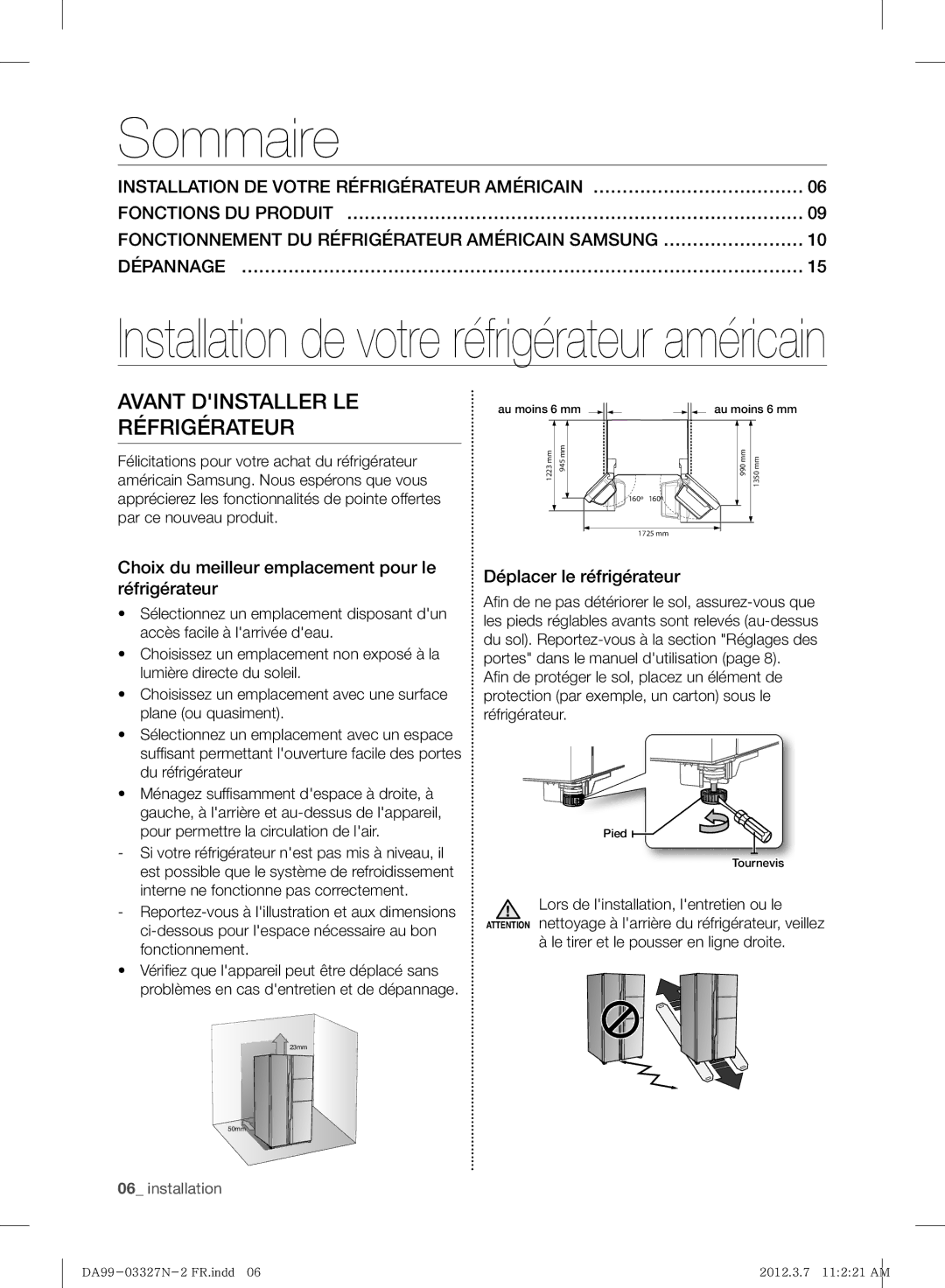 Samsung RS844CRPC5A/SG, RS844CRPC5A/ZA manual Sommaire, Avant Dinstaller LE Réfrigérateur 