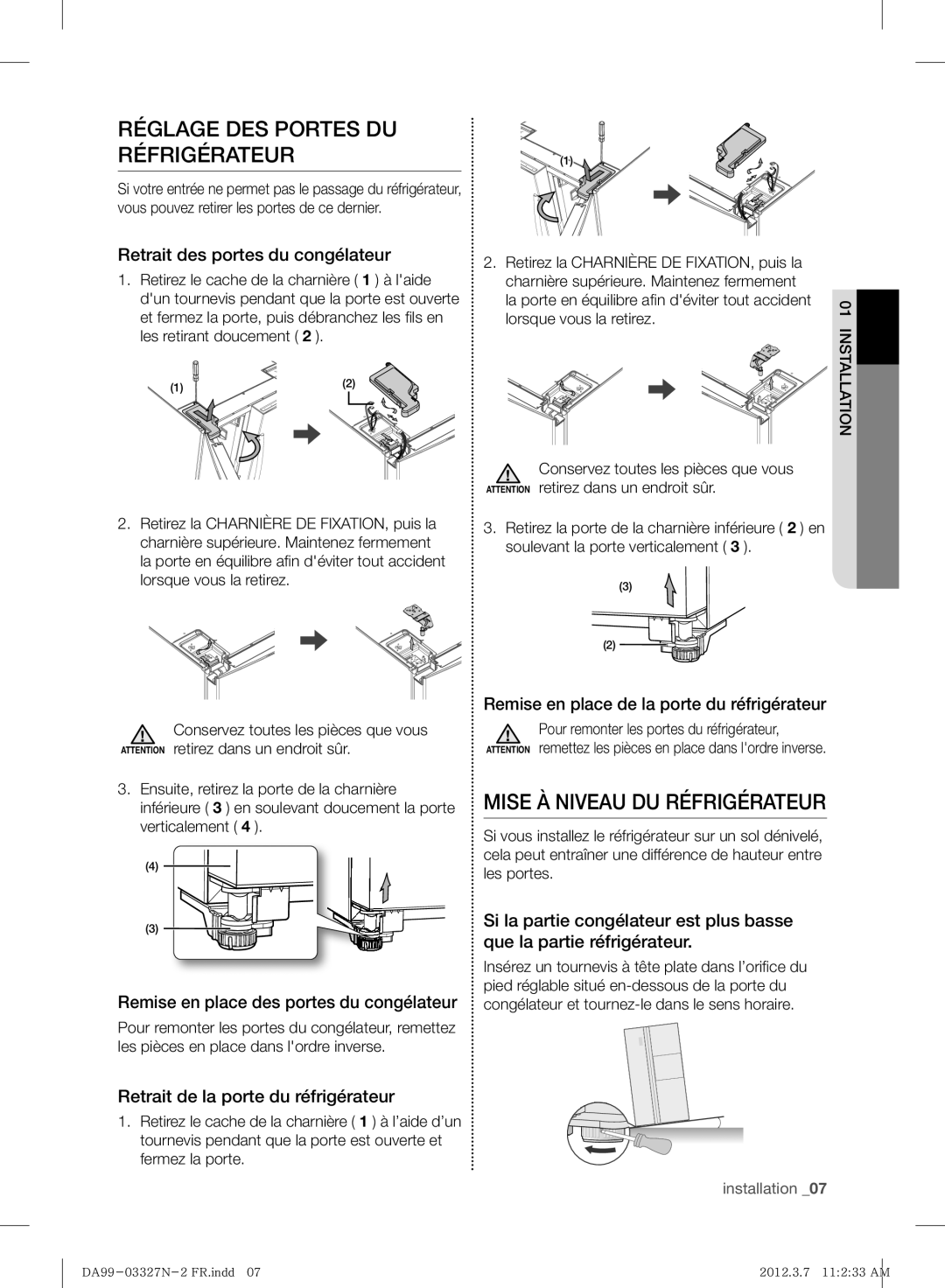 Samsung RS844CRPC5A/ZA, RS844CRPC5A/SG manual Réglage DES Portes DU Réfrigérateur, Mise À Niveau DU Réfrigérateur 