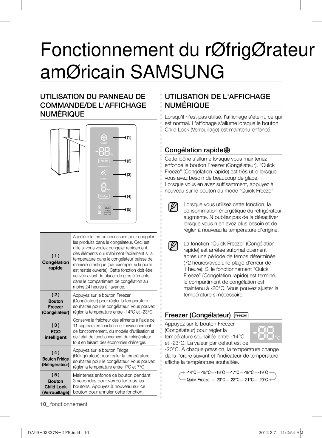 Samsung RS844CRPC5A/SG Utilisation DU Panneau DE COMMANDE/DE Laffichage Numérique, Utilisation DE Laffichage Numérique 