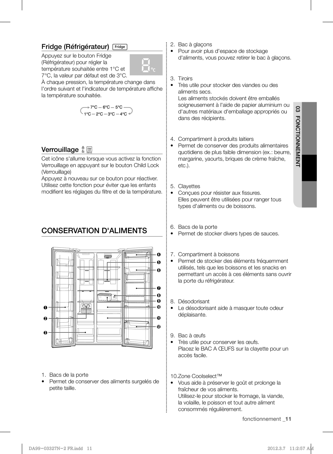 Samsung RS844CRPC5A/ZA, RS844CRPC5A/SG manual Conservation Daliments, Fridge Réfrigérateur, Verrouillage 