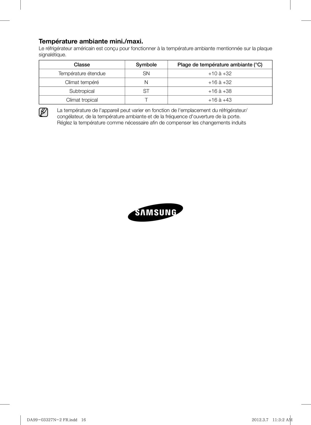 Samsung RS844CRPC5A/SG, RS844CRPC5A/ZA Température ambiante mini./maxi, +10 à +32, Climat tempéré +16 à +32, +16 à +38 