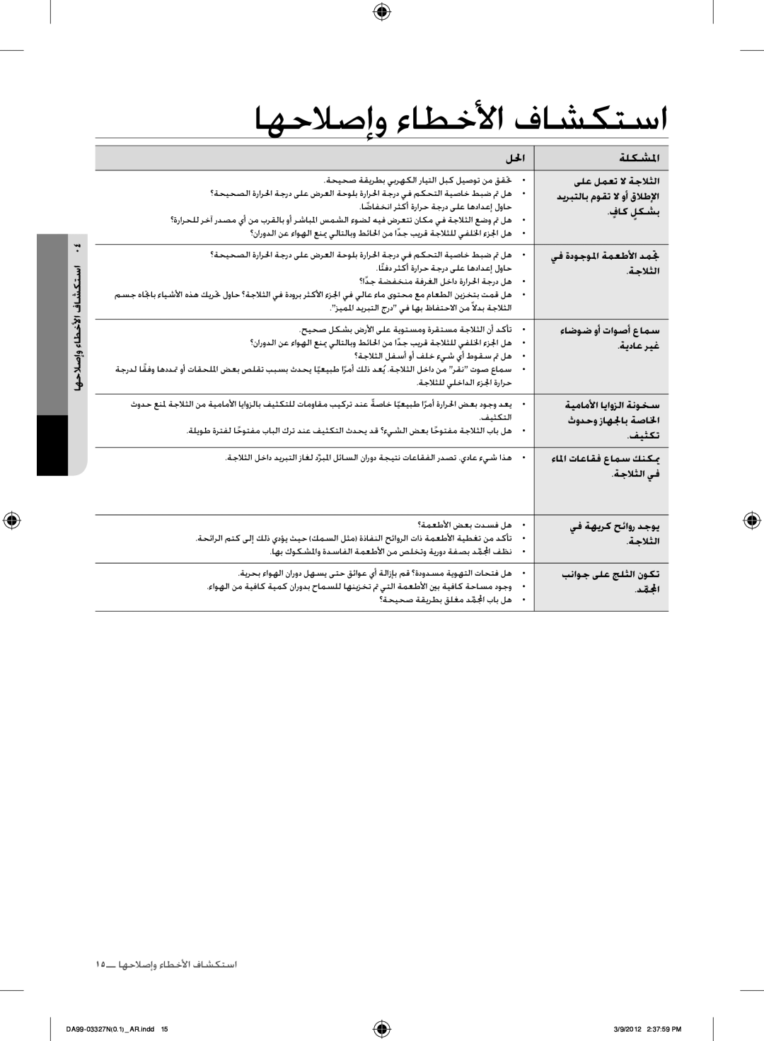 Samsung RS844CRPC5A/SG, RS844CRPC5A/ZA manual اهحلاصإو ءاطخلأا فاشكتسا, للحا ةلكشلما 