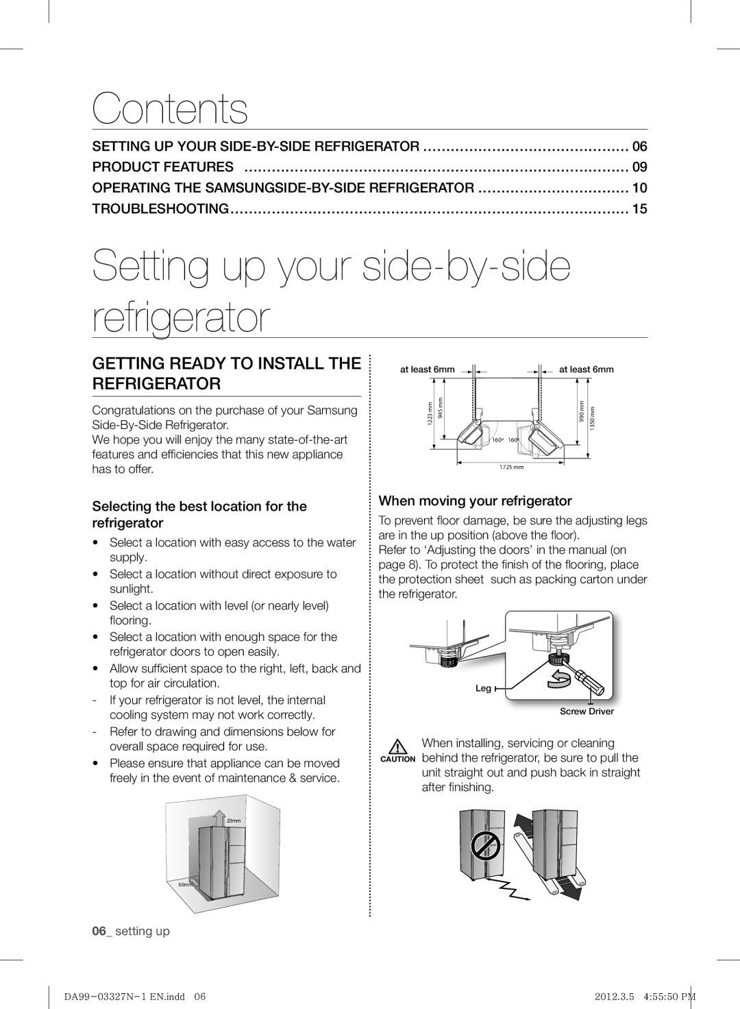 Samsung RS844CRPC5A/SG, RS844CRPC5A/ZA manual Contents, Setting up your side-by-side refrigerator 