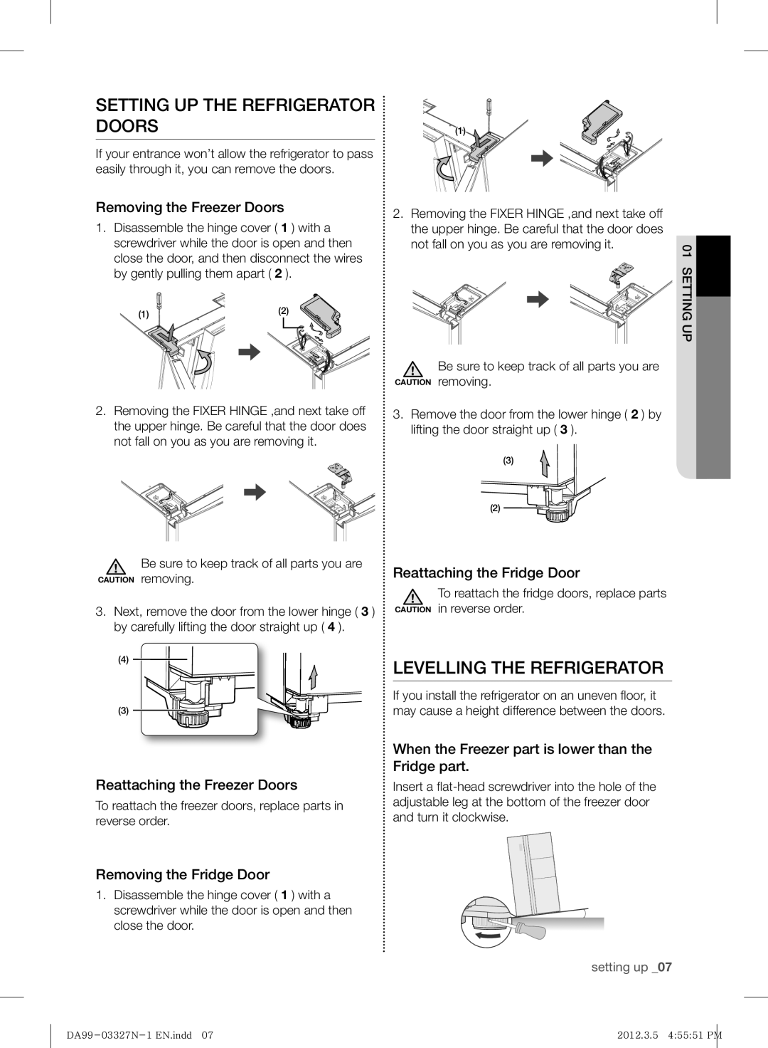 Samsung RS844CRPC5A/ZA, RS844CRPC5A/SG manual Setting UP the Refrigerator Doors, Levelling the Refrigerator 