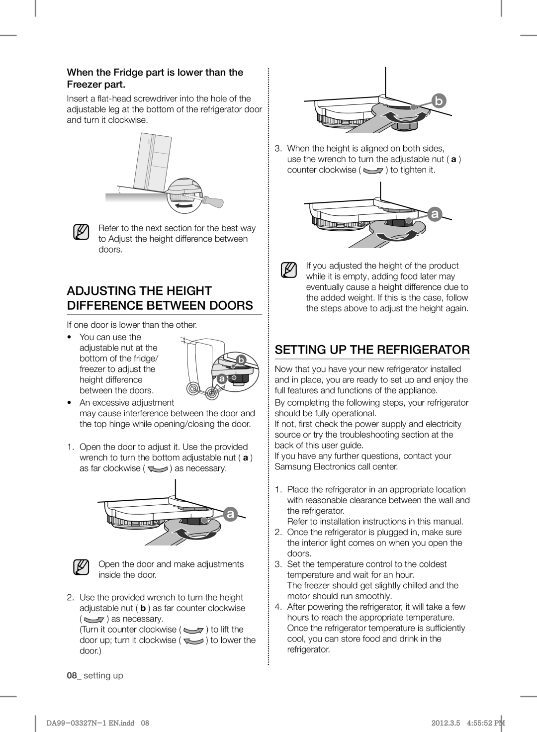 Samsung RS844CRPC5A/SG, RS844CRPC5A/ZA Setting UP the Refrigerator, When the Fridge part is lower than the Freezer part 