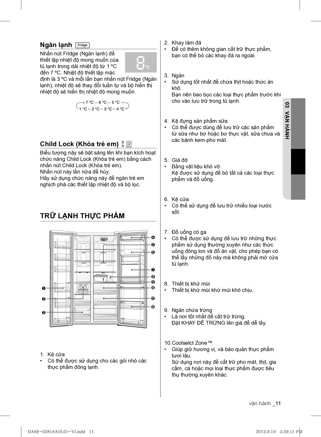 Samsung RS844CRPC5A/SV manual TRỮ Lạnh Thực Phẩm, Ngăn lạnh, Child Lock Khóa trẻ em, Vận hành 