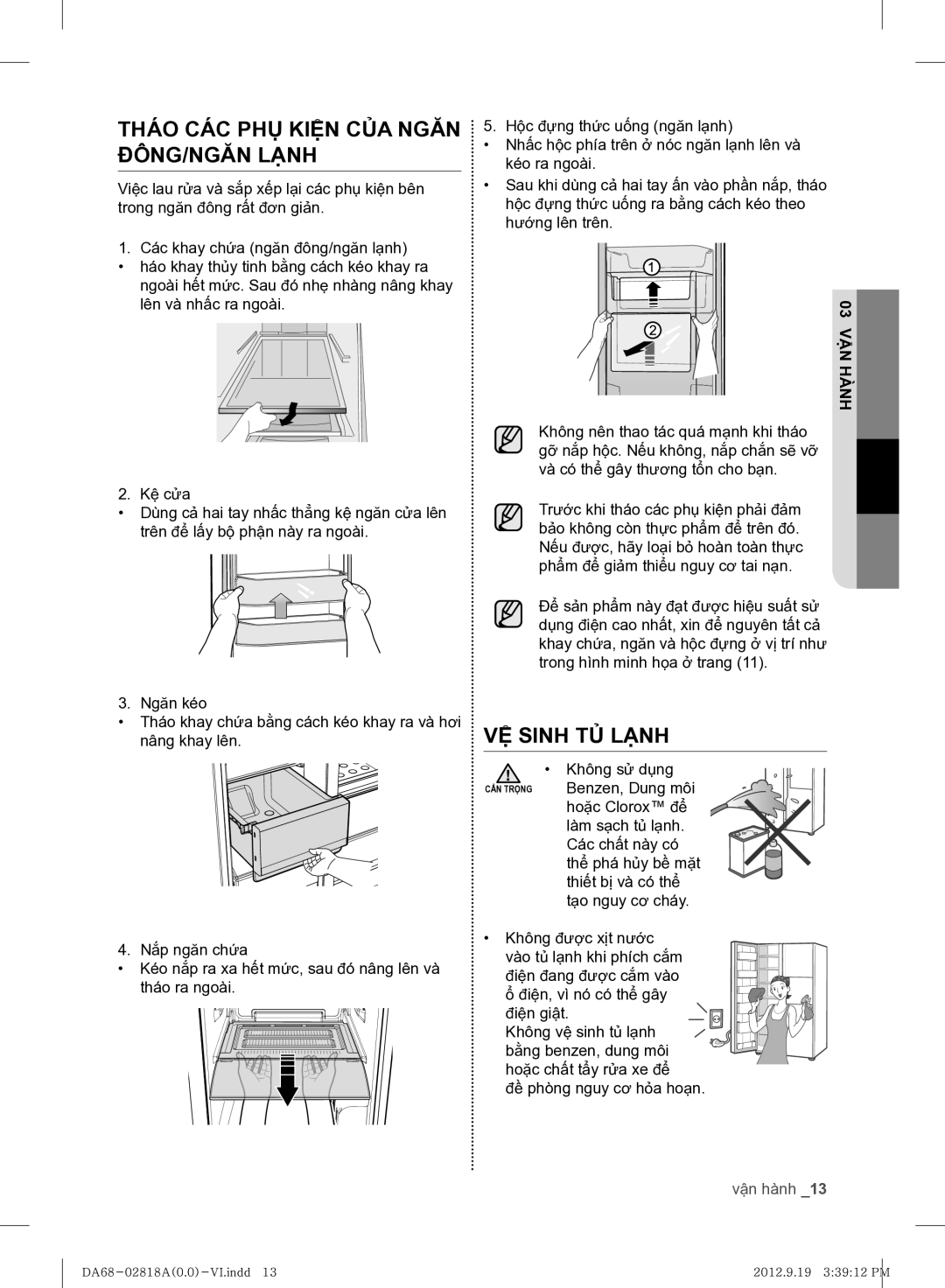 Samsung RS844CRPC5A/SV manual Tháo CÁC PHỤ Kiện CỦA Ngăn ĐÔNG/NGĂN Lạnh, VỆ Sinh TỦ Lạnh 