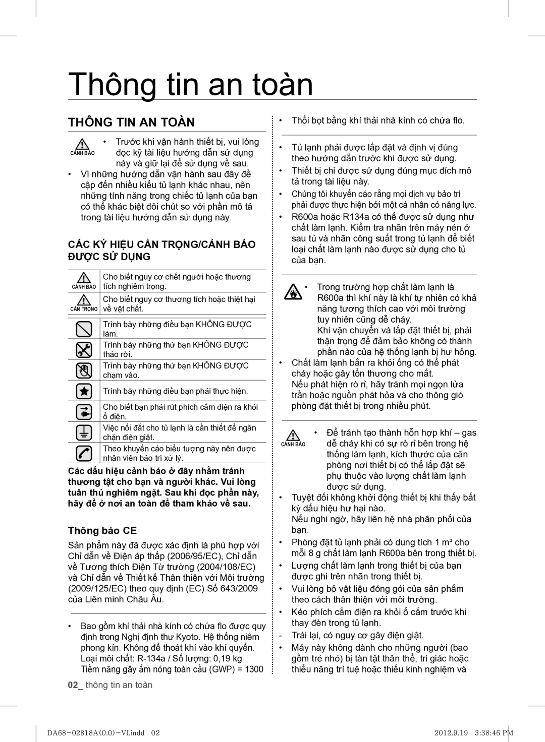 Samsung RS844CRPC5A/SV manual Thông tin an toàn, Thông TIN AN Toàn, Thông báo CE, 02 thông tin an toàn 