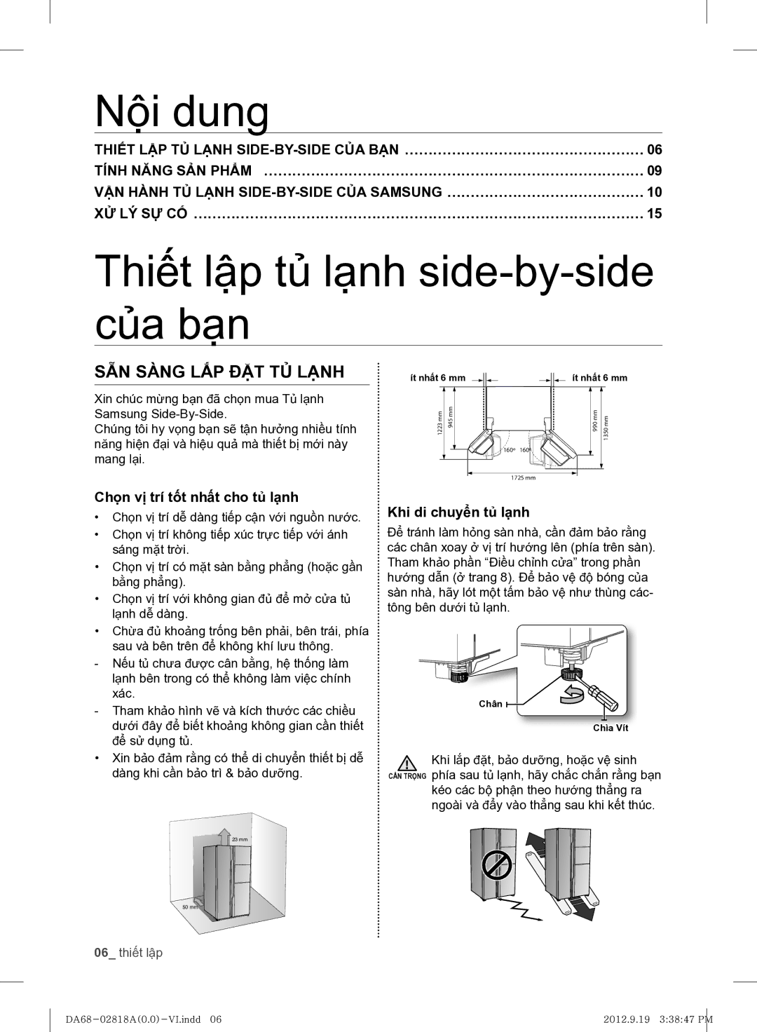 Samsung RS844CRPC5A/SV manual Nội dung, Thiết lập tủ lạnh side-by-side của bạn, SẴN Sàng LẮP ĐẶT TỦ Lạnh 