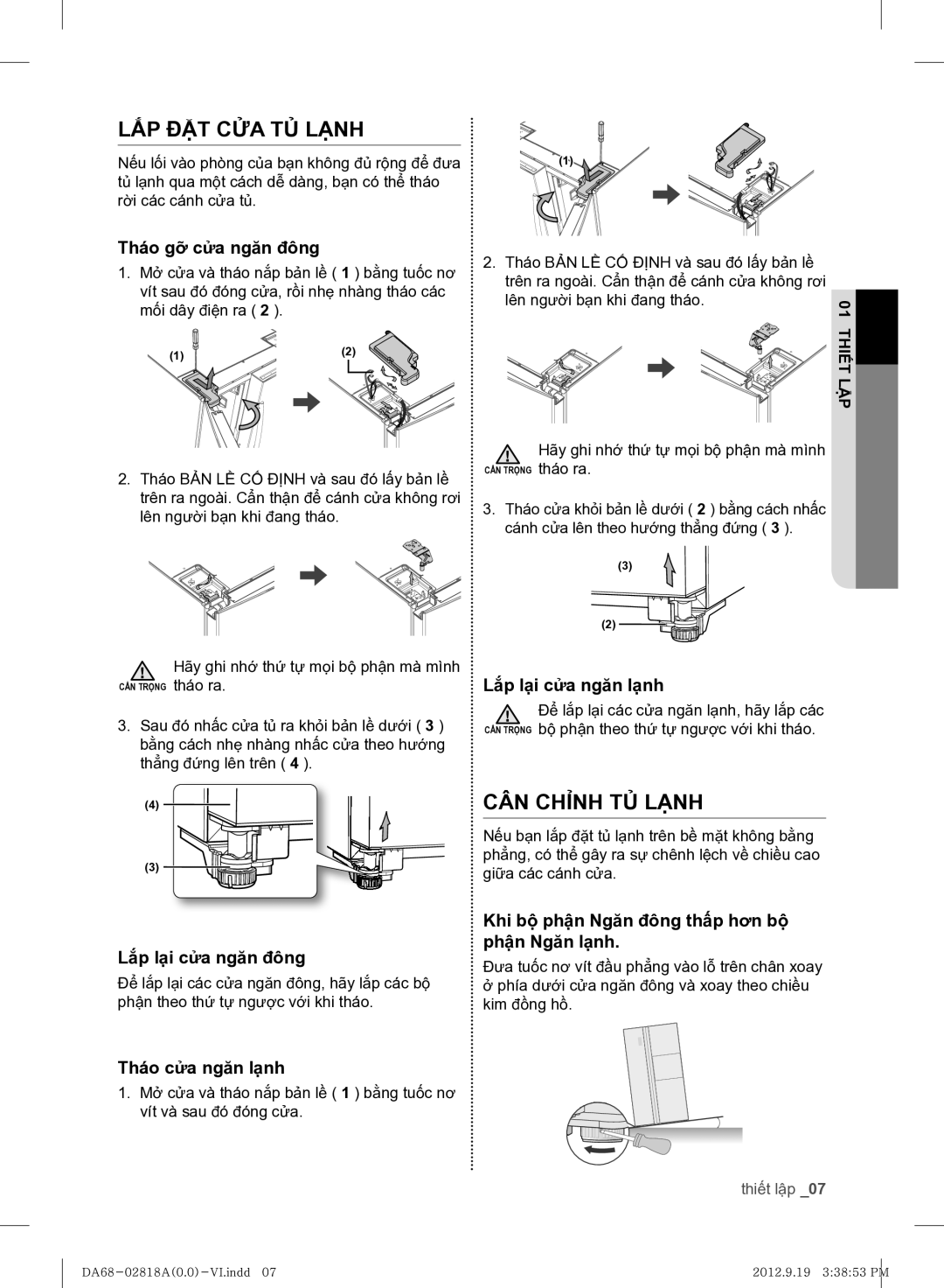 Samsung RS844CRPC5A/SV manual LẮP ĐẶT CỬA TỦ Lạnh, CÂN Chỉnh TỦ Lạnh 