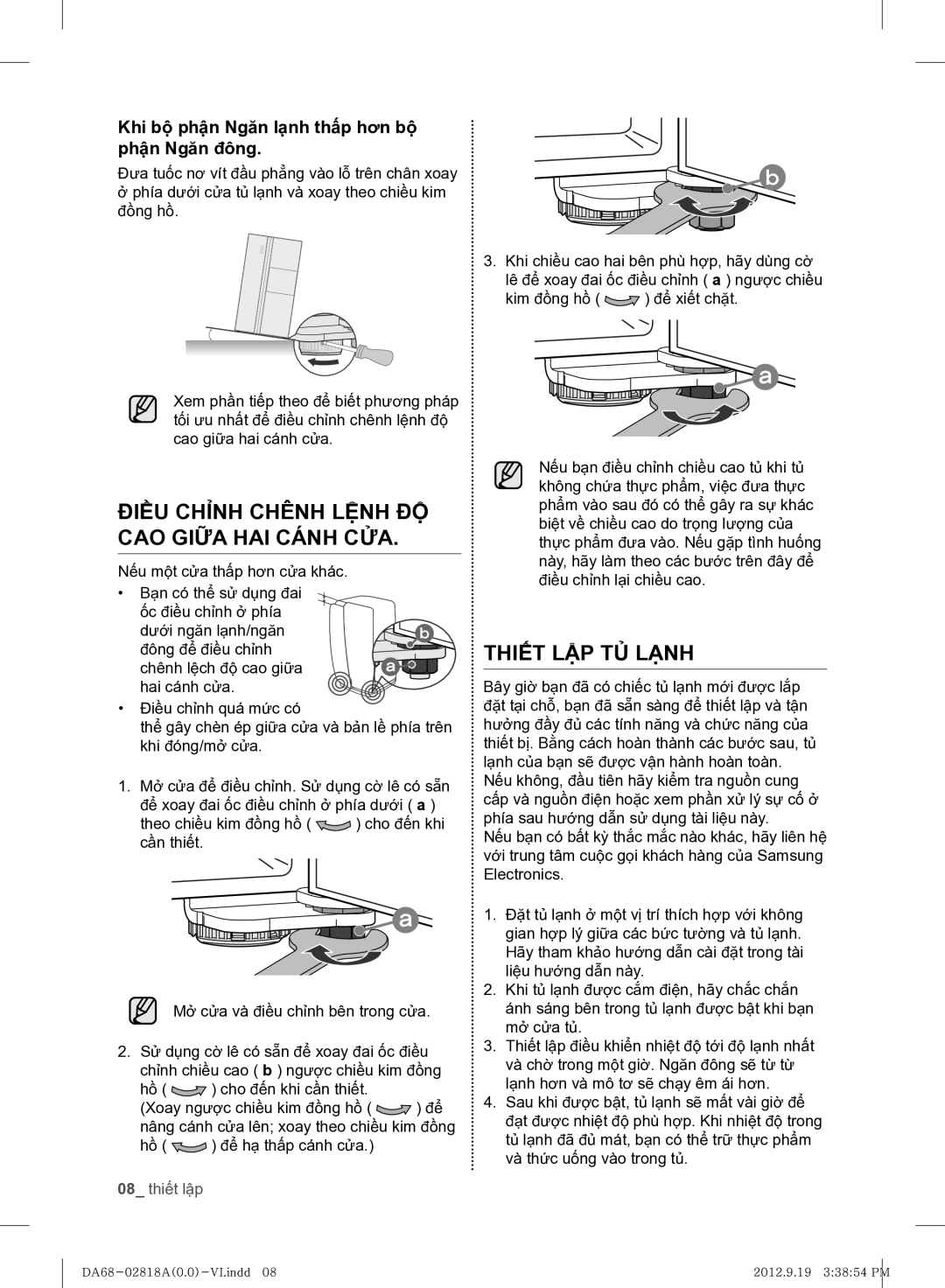 Samsung RS844CRPC5A/SV manual Điều Chỉnh Chênh Lệnh ĐỘ CAO Giữa HAI Cánh CỬA, Thiết LẬP TỦ Lạnh, 08 thiết lập 