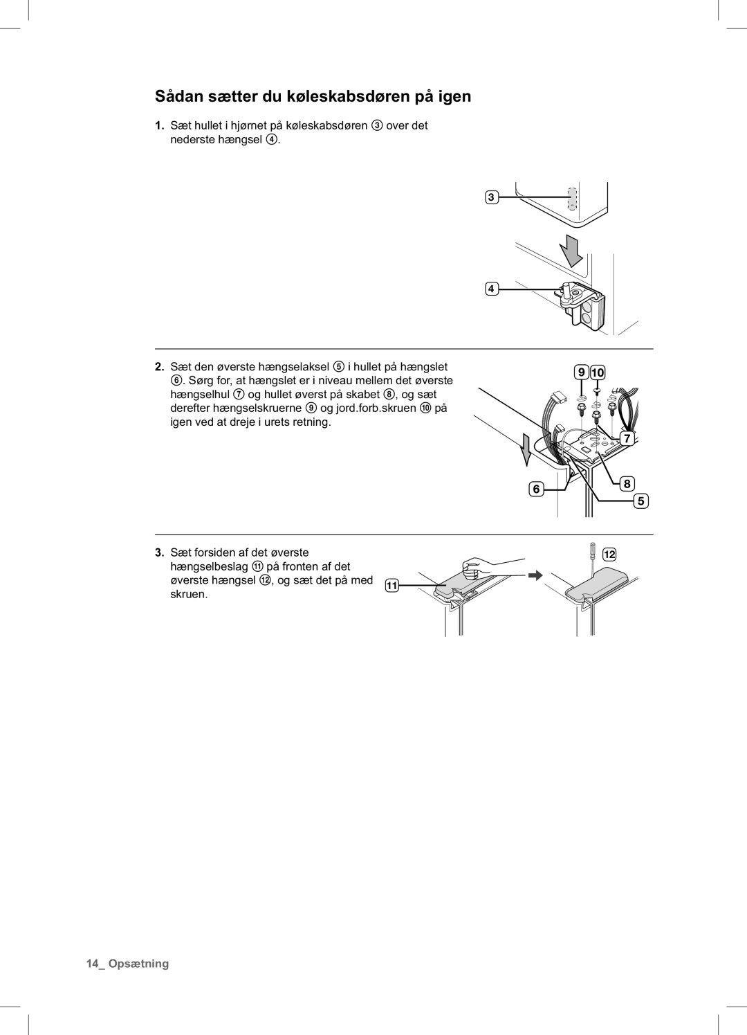 Samsung RSA1DHWP1/XEE, RSA1DHPE1/XEE manual Sådan sætter du køleskabsdøren på igen 