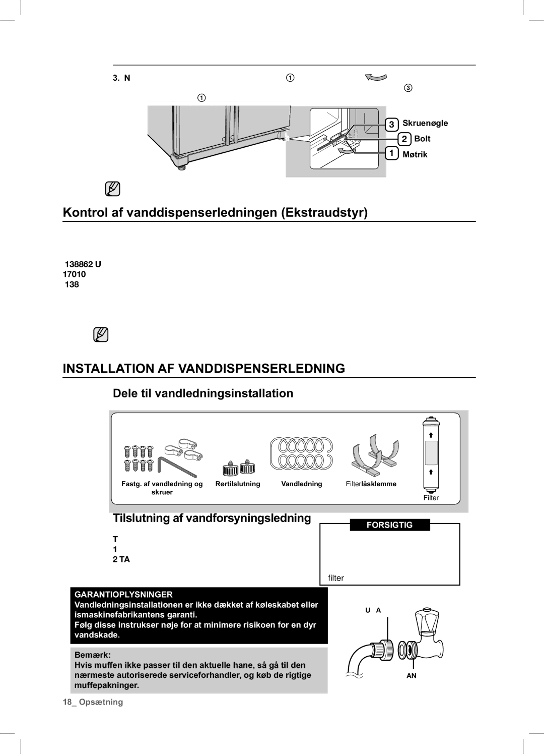 Samsung RSA1DHWP1/XEE, RSA1DHPE1/XEE Kontrol af vanddispenserledningen Ekstraudstyr, Installation AF Vanddispenserledning 