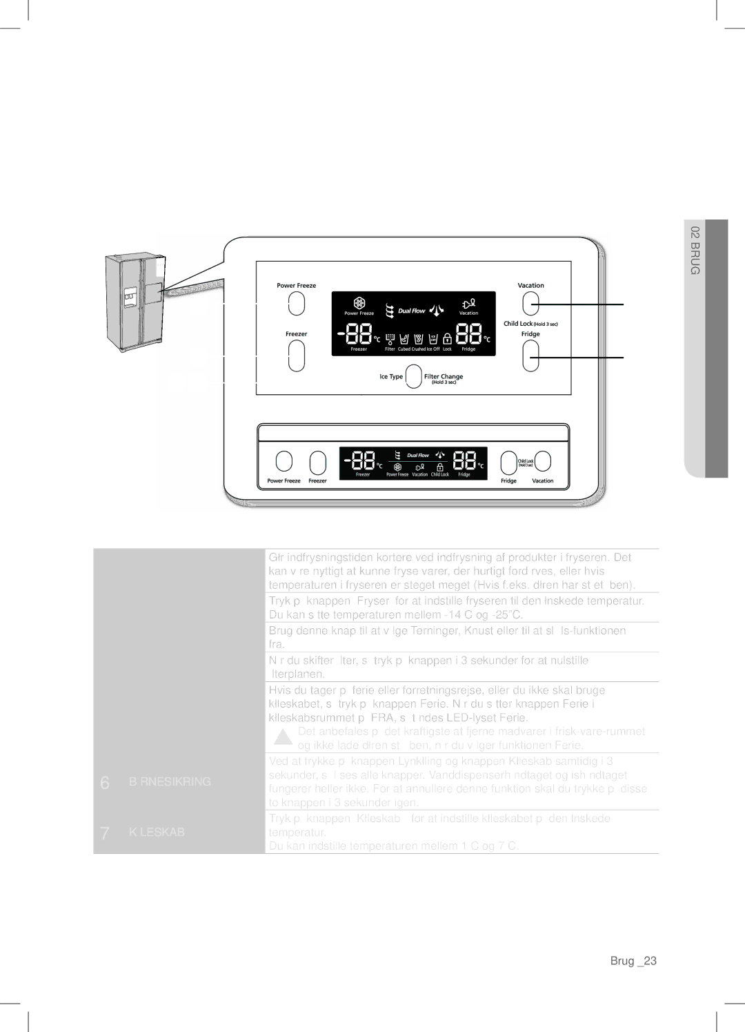 Samsung RSA1DHPE1/XEE, RSA1DHWP1/XEE manual Brug AF Køleskabet, Brug af betjeningspanelet 