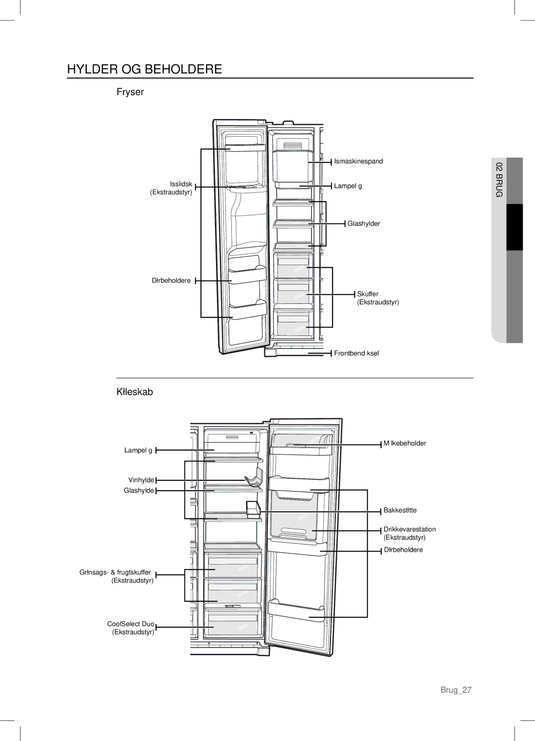 Samsung RSA1DHPE1/XEE, RSA1DHWP1/XEE manual Hylder OG Beholdere, Fryser, Køleskab 