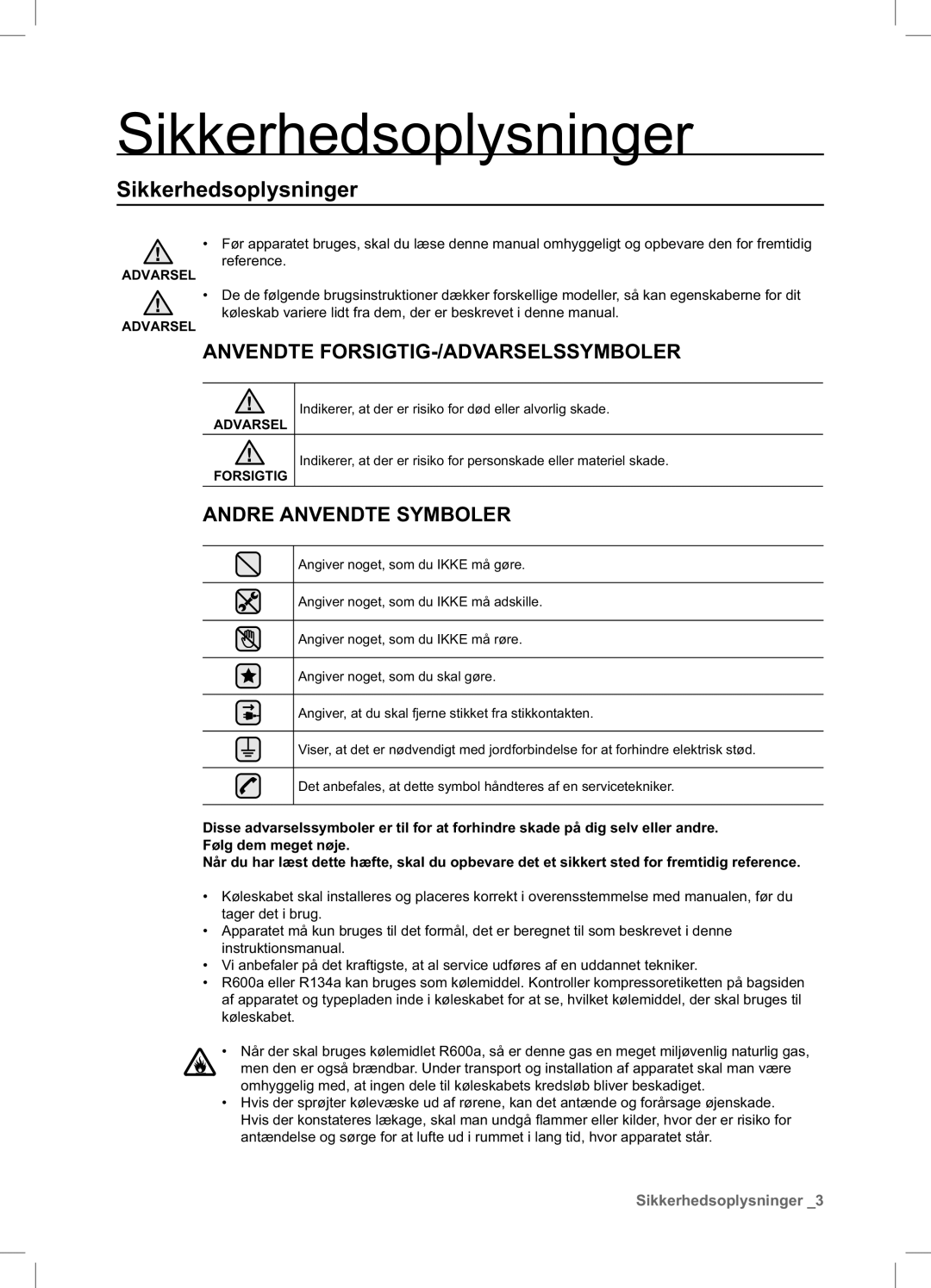 Samsung RSA1DHPE1/XEE, RSA1DHWP1/XEE manual Sikkerhedsoplysninger 