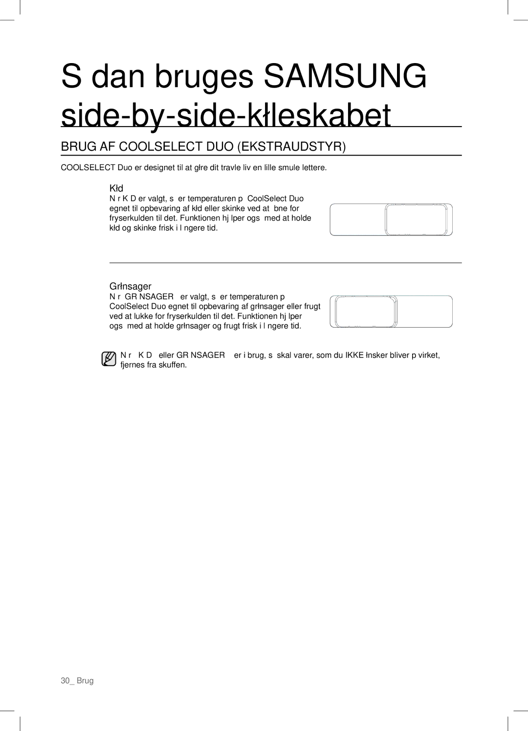 Samsung RSA1DHWP1/XEE, RSA1DHPE1/XEE manual Brug AF Coolselect DUO Ekstraudstyr, Kød, Grønsager 