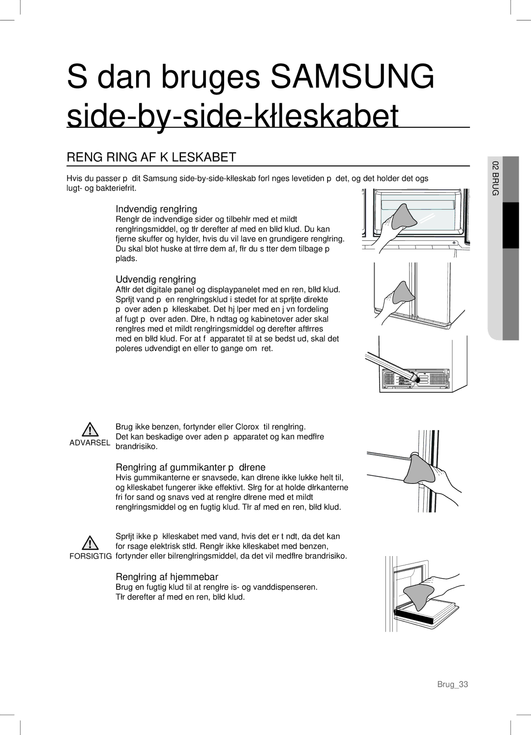 Samsung RSA1DHPE1/XEE Rengøring AF Køleskabet, Indvendig rengøring, Udvendig rengøring, Rengøring af gummikanter på dørene 