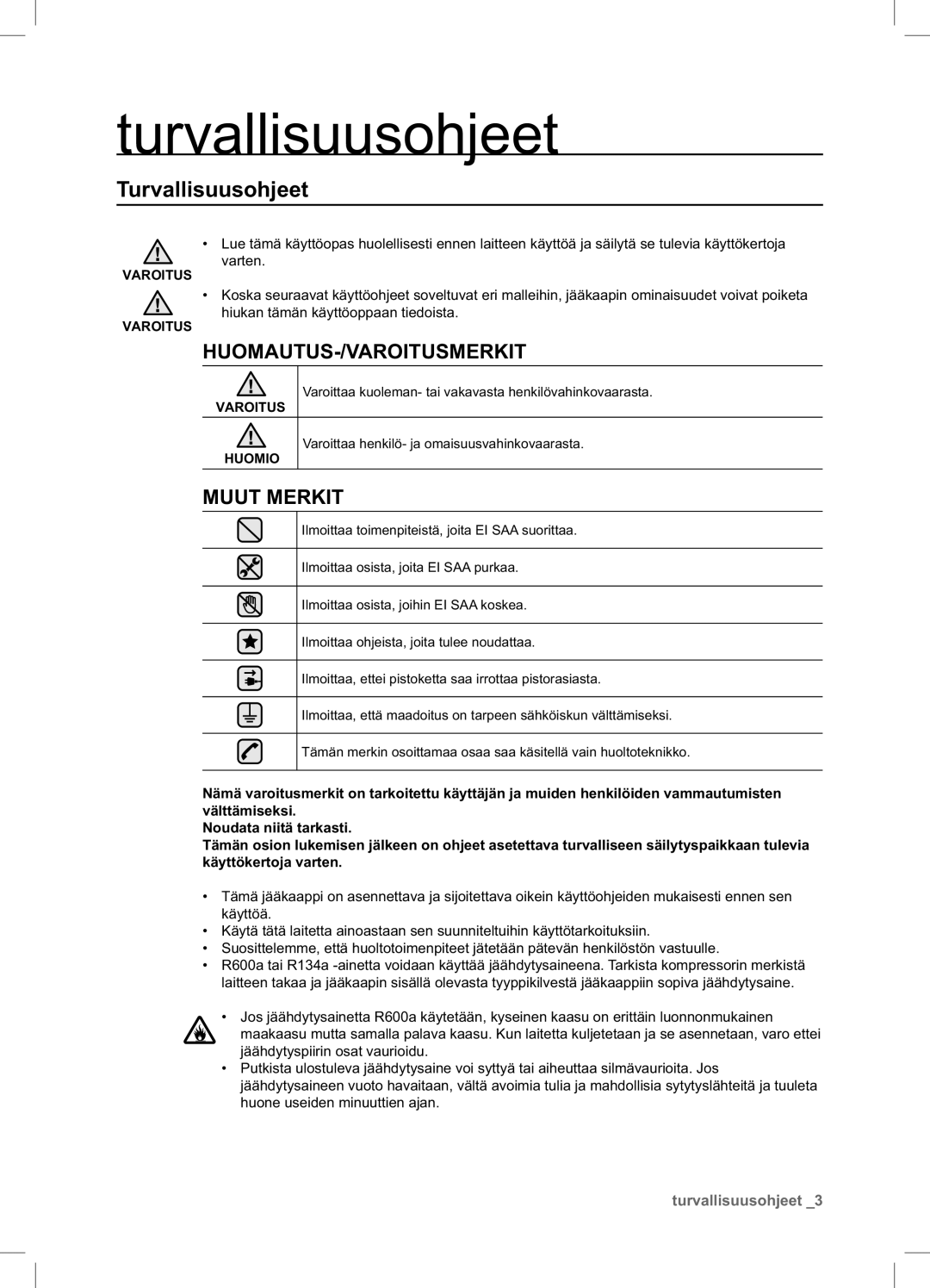 Samsung RSA1DHPE1/XEE, RSA1DHWP1/XEE manual Turvallisuusohjeet 