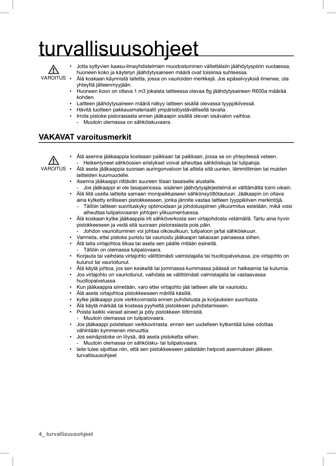 Samsung RSA1DHWP1/XEE, RSA1DHPE1/XEE manual Vakavat varoitusmerkit 