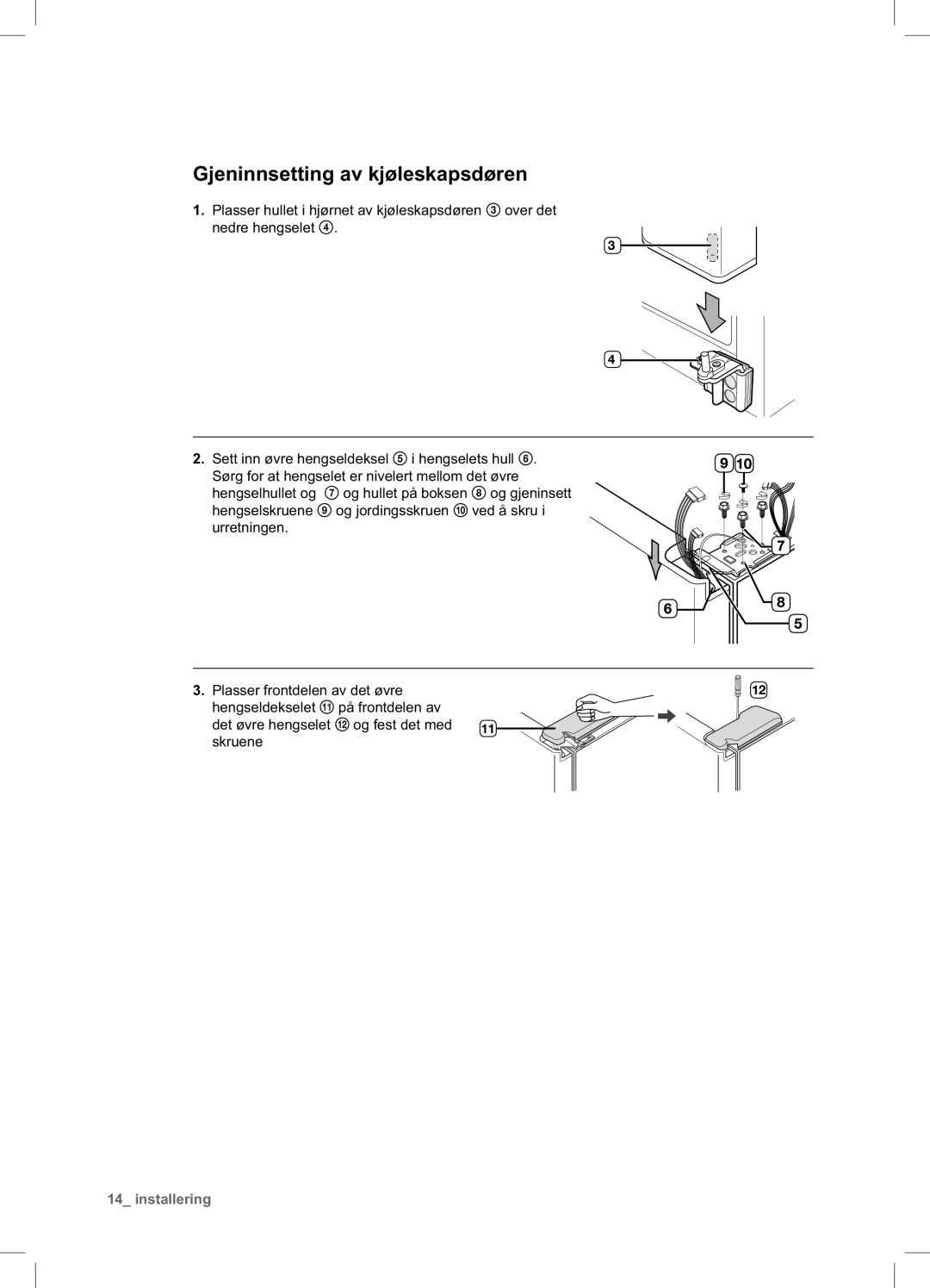 Samsung RSA1DHWP1/XEE, RSA1DHPE1/XEE manual Gjeninnsetting av kjøleskapsdøren 