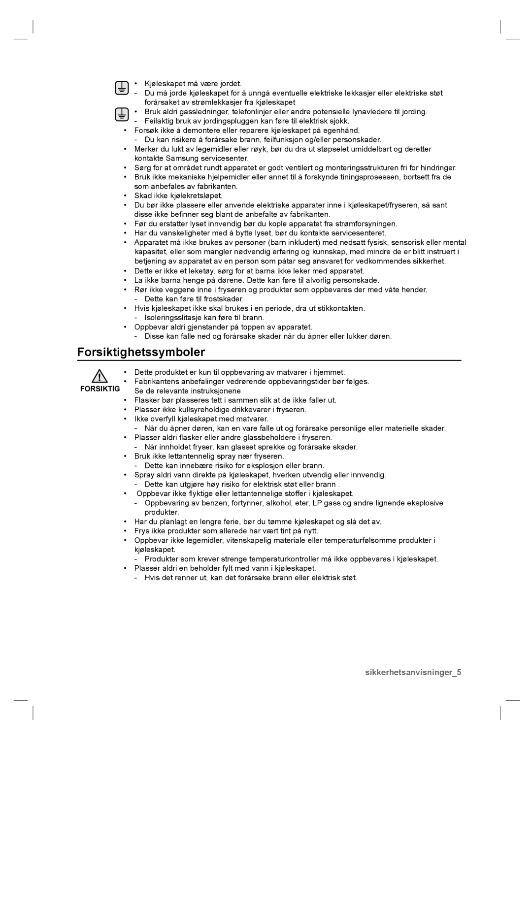 Samsung RSA1DHPE1/XEE, RSA1DHWP1/XEE manual Forsiktighetssymboler 