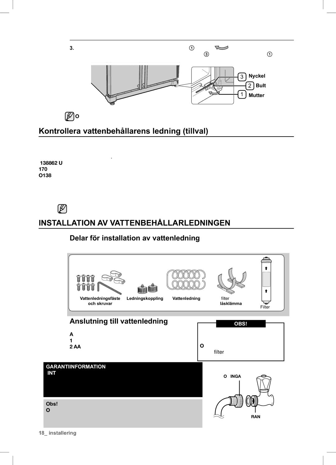 Samsung RSA1DHWP1/XEE manual Kontrollera vattenbehållarens ledning tillval, Installation AV Vattenbehållarledningen 