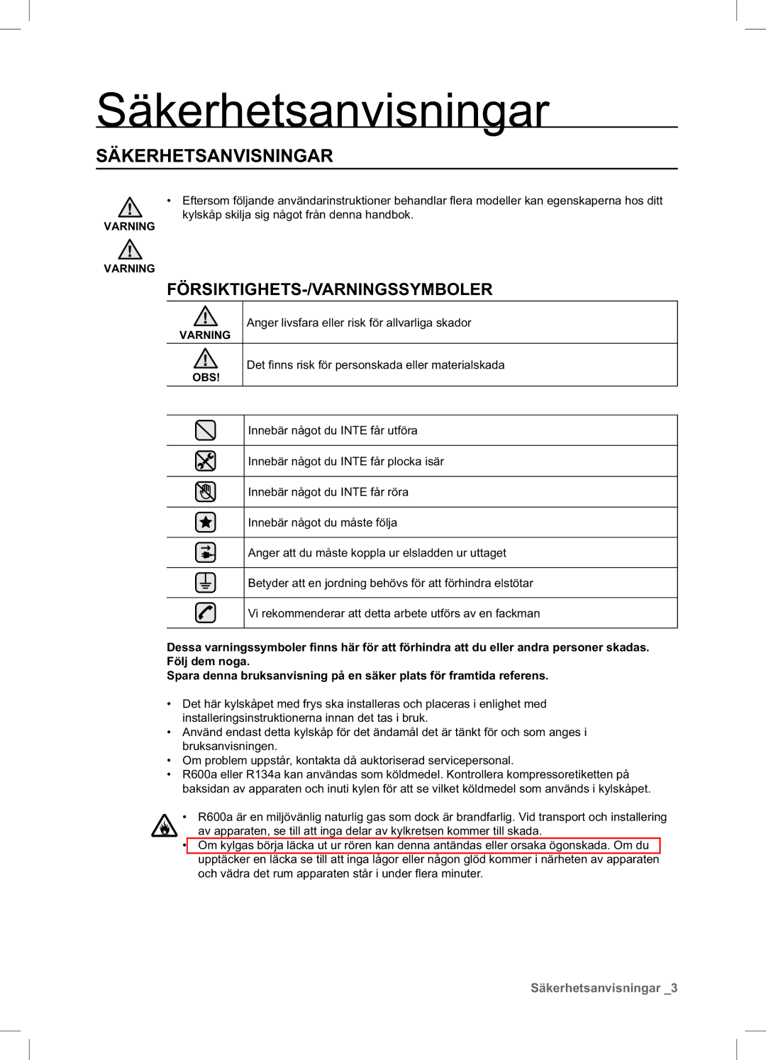 Samsung RSA1DHPE1/XEE, RSA1DHWP1/XEE manual Säkerhetsanvisningar 