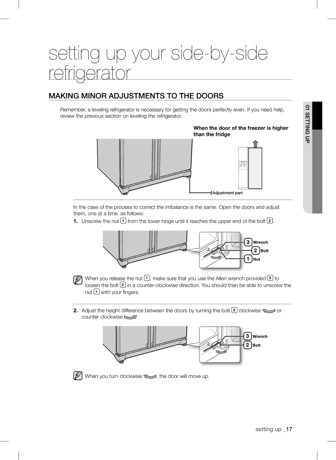 Samsung RSA1DTMG1/XFA manual Making mInor adjustments to the doors, When the door of the freezer is higher than the fridge 