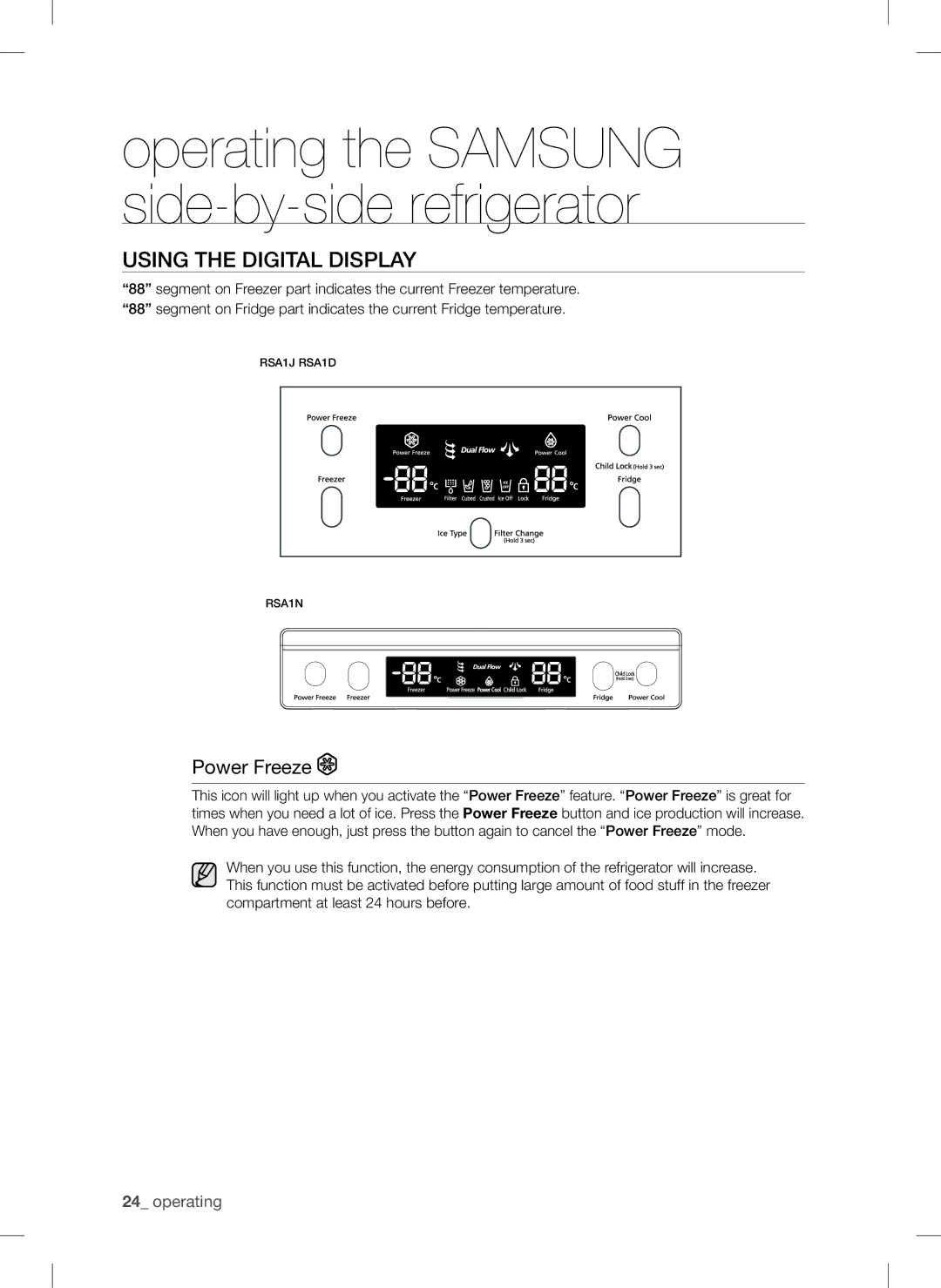 Samsung RSA1DTMG1/XMA, RSA1DTMG1/XFA manual Using the Digital Display, Power Freeze 