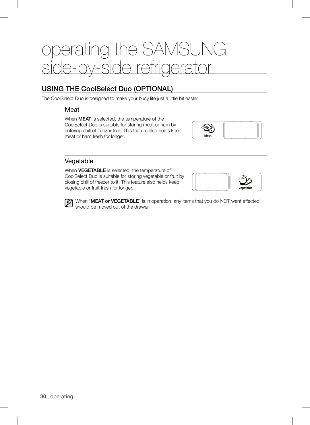 Samsung RSA1DTMG1/XMA, RSA1DTMG1/XFA manual Using the CoolSelect Duo Optional, Meat, Vegetable 