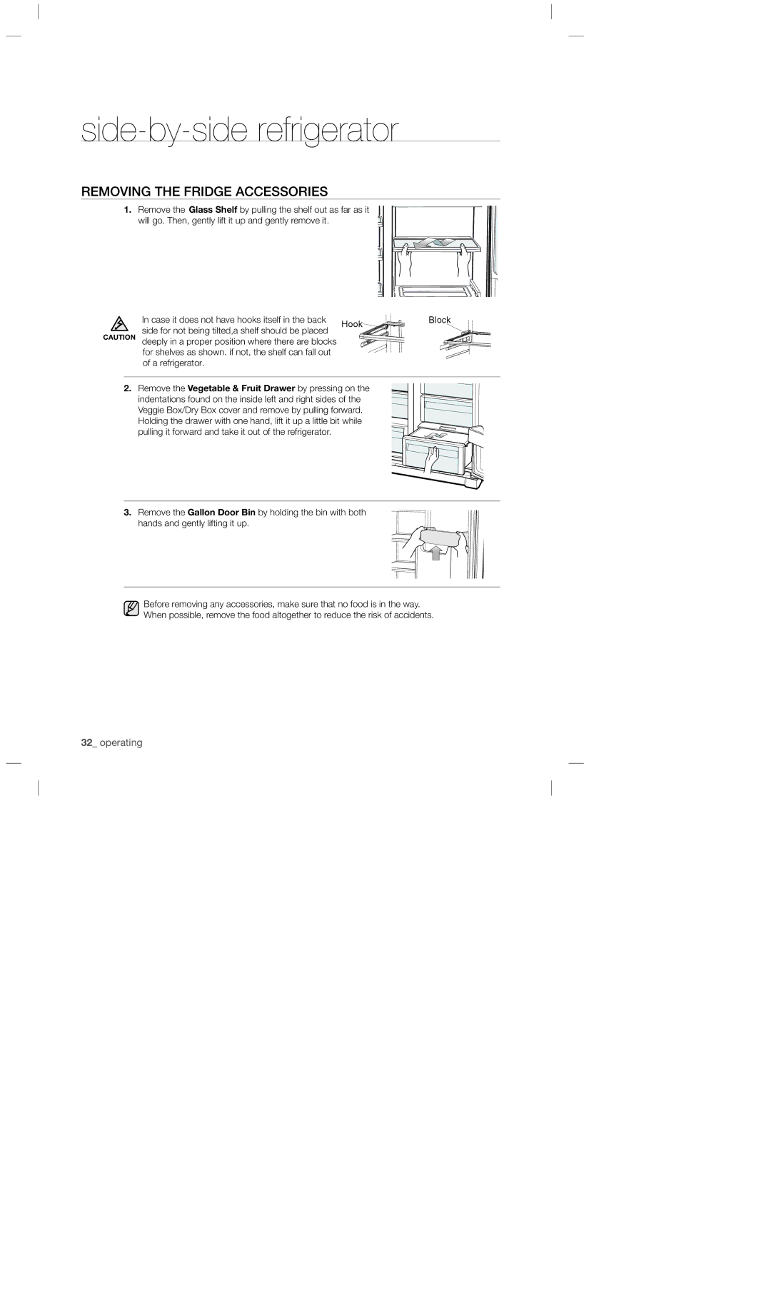 Samsung RSA1DTMG1/XMA, RSA1DTMG1/XFA manual Side-by-side refrigerator, Removing the Fridge Accessories 