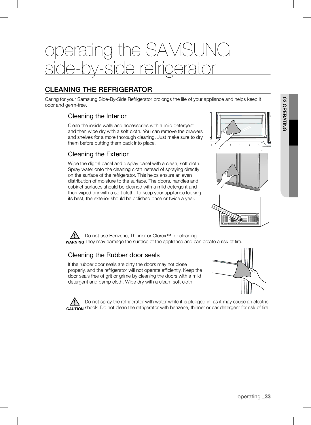 Samsung RSA1DTMG1/XFA, RSA1DTMG1/XMA manual Cleaning the refrigerator, Cleaning the Interior, Cleaning the Exterior 