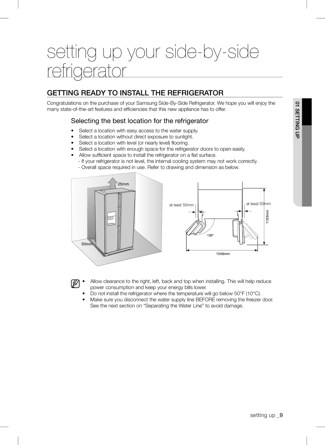 Samsung RSA1DTMG1/XFA, RSA1DTMG1/XMA Setting up your side-by-side refrigerator, GEtting rEaDy to instaLL tHE rEfrigErator 