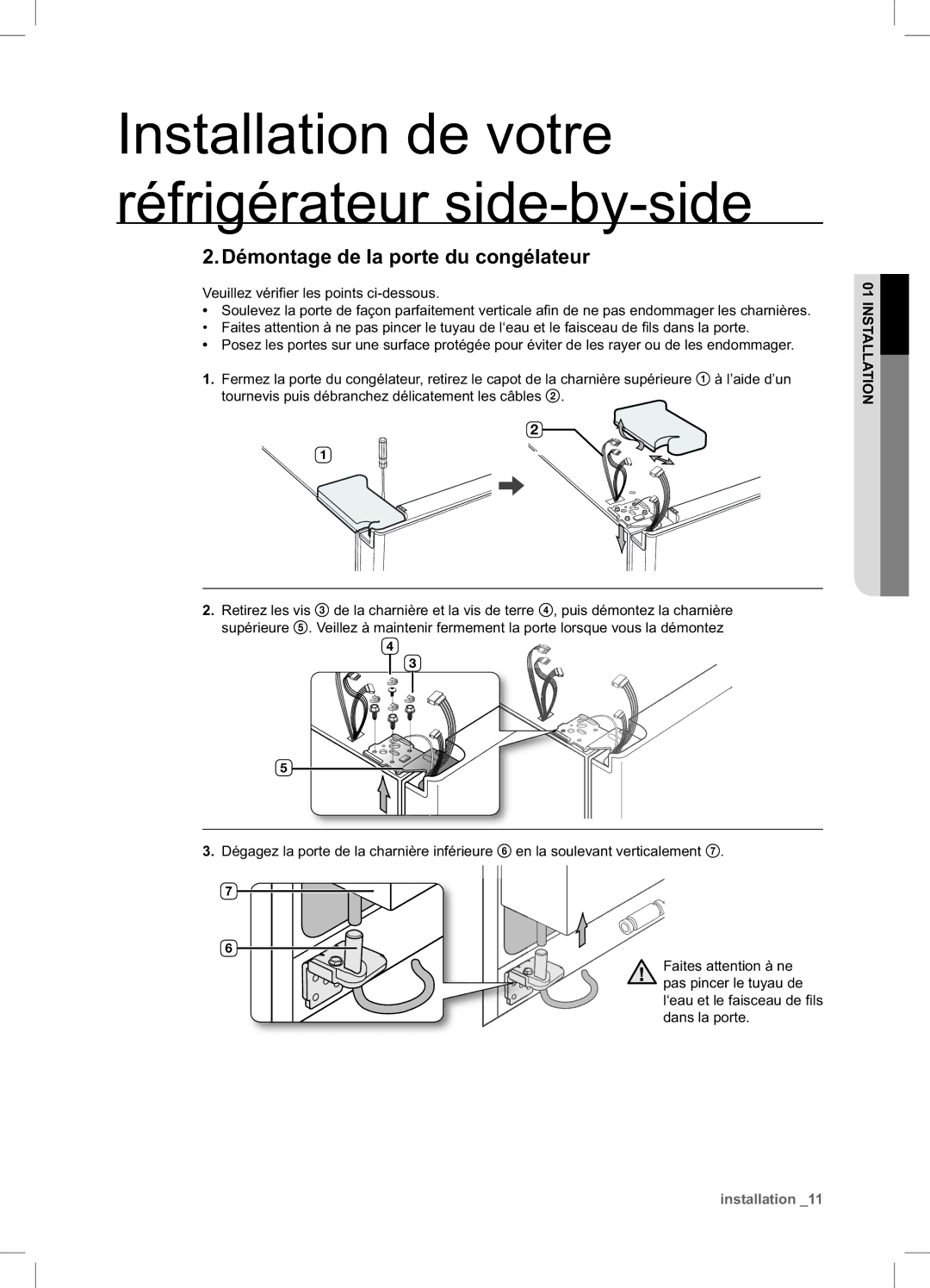 Samsung RSA1UTPE1/XEF, RSA1DTMH1/XEF, RSA1DTWP1/XEF, RSA1DTPE1/XEF, RSA1ZTPE1/XEF manual Démontage de la porte du congélateur 