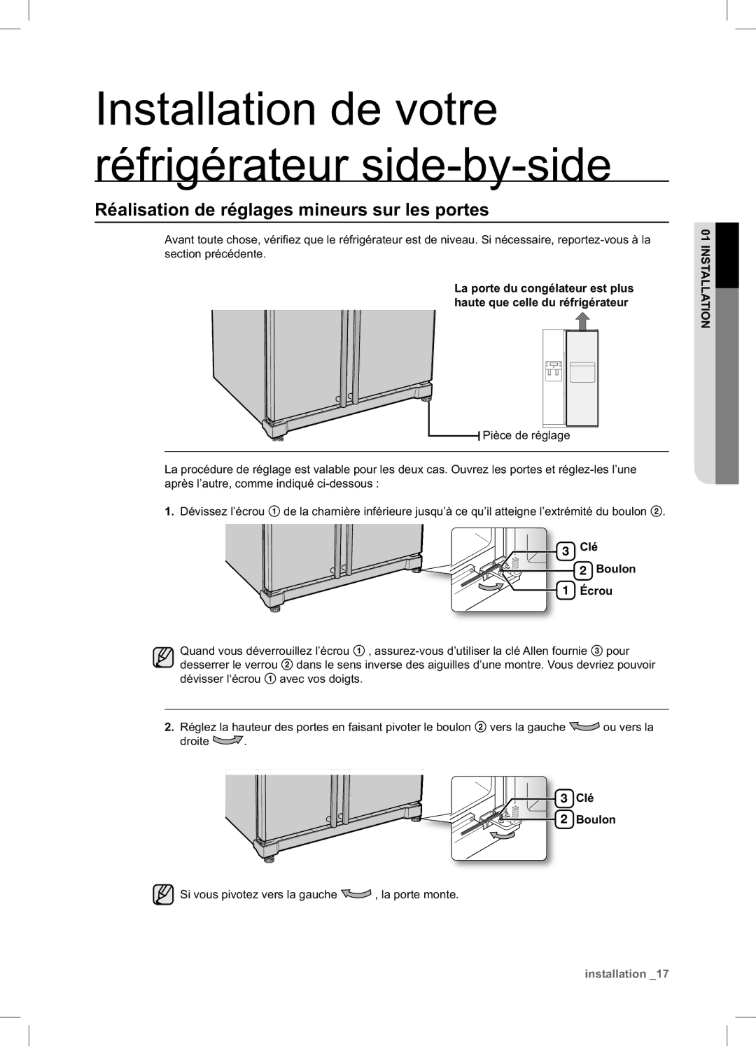 Samsung RSA1DTWP1/XEF, RSA1DTMH1/XEF, RSA1UTPE1/XEF manual Réalisation de réglages mineurs sur les portes, Clé Boulon Écrou 