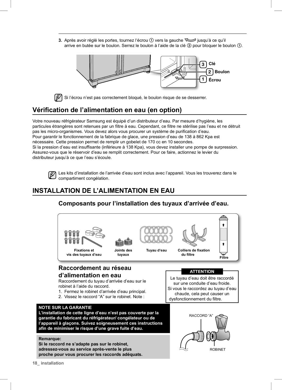 Samsung RSA1DTPE1/XEF, RSA1DTMH1/XEF Vériﬁcation de l’alimentation en eau en option, Installation DE L’ALIMENTATION EN EAU 