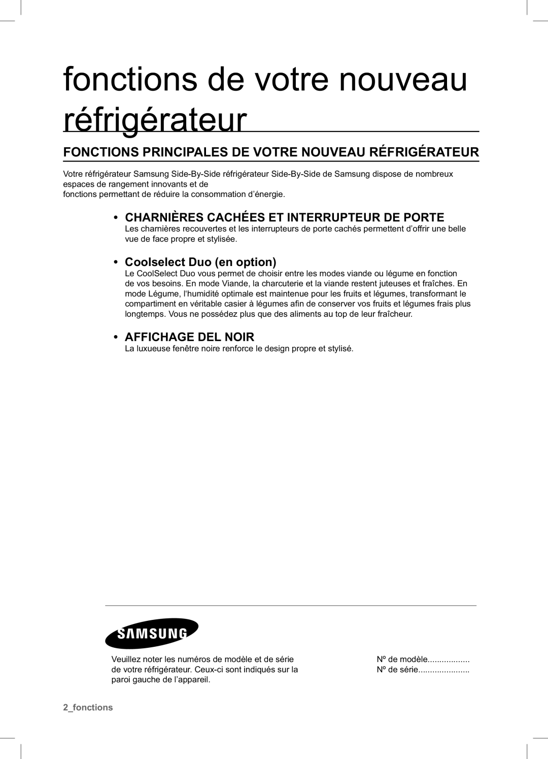 Samsung RSA1DTWP1/XEF manual Fonctions de votre nouveau réfrigérateur, Fonctions Principales DE Votre Nouveau Réfrigérateur 