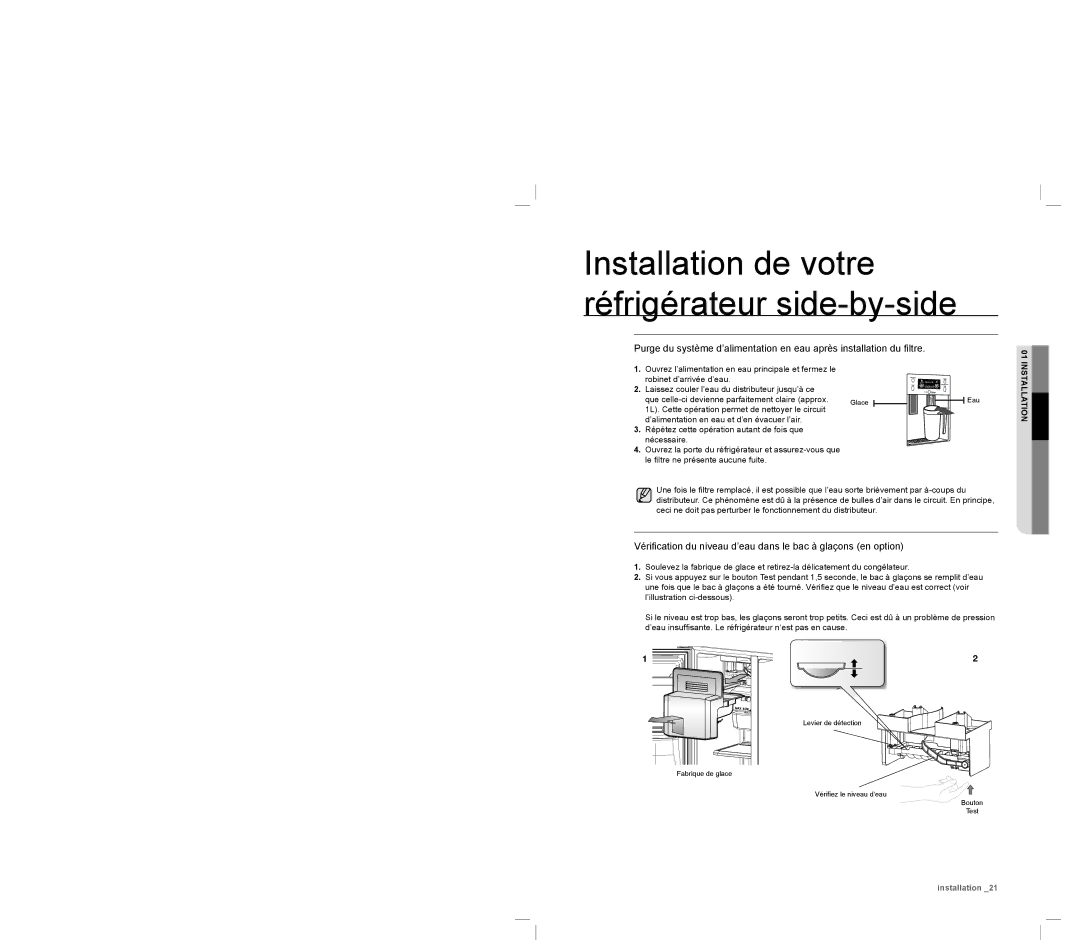 Samsung RSA1UTPE1/XEF, RSA1DTMH1/XEF, RSA1DTWP1/XEF manual Vériﬁcation du niveau d’eau dans le bac à glaçons en option 