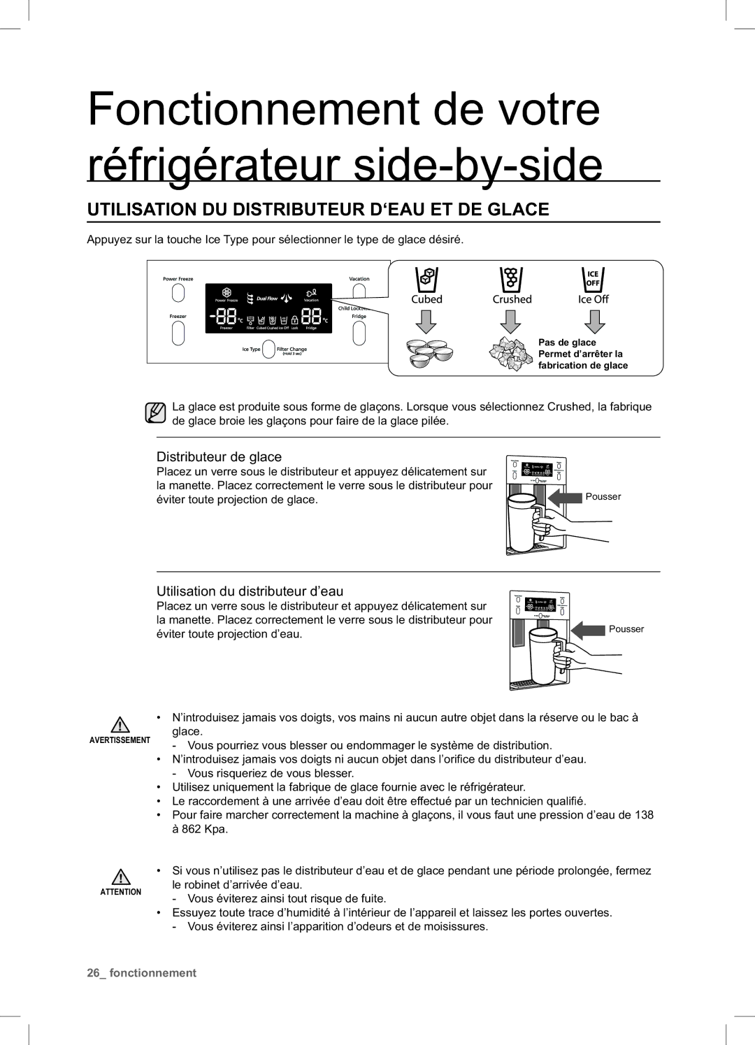 Samsung RSA1UTPE1/XEF, RSA1DTMH1/XEF, RSA1DTWP1/XEF Utilisation DU Distributeur D‘EAU ET DE Glace, Distributeur de glace 